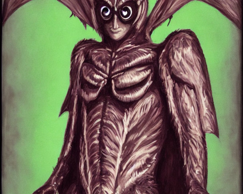 Humanoid Moth Creature with Large Wings and Antennae on Green Background