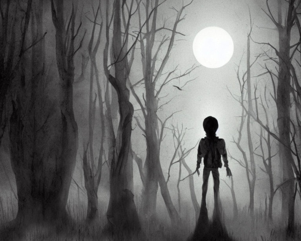 Monochrome illustration of silhouetted figure in creepy forest at night