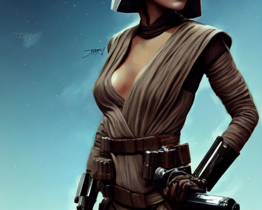 Confident Female Sci-Fi Character in Brown Jumpsuit with Spaceship and Blaster