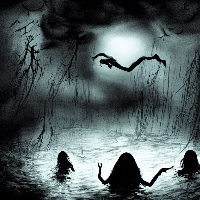 Ghostly Figure Above Misty Swamp with Eerie Moonlit Silhouettes