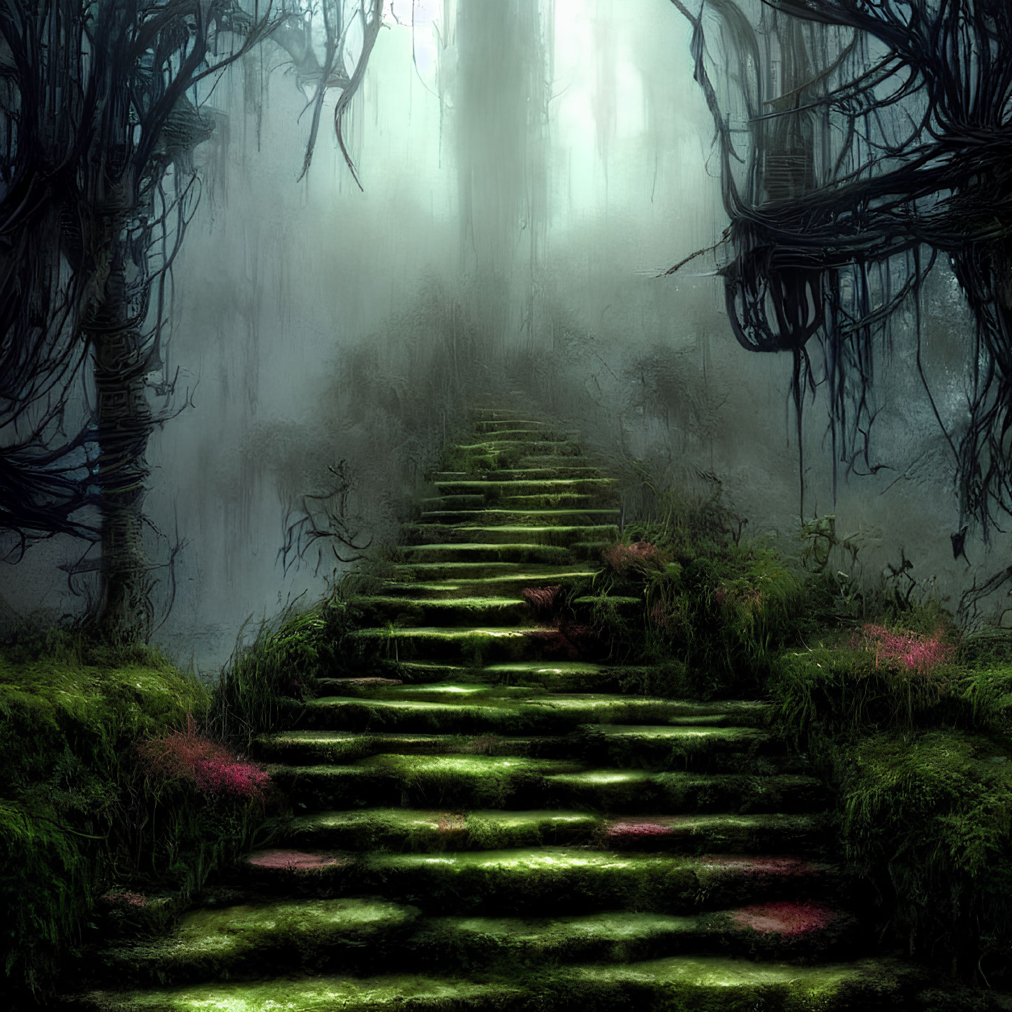 Moss-covered stone steps in misty forest setting