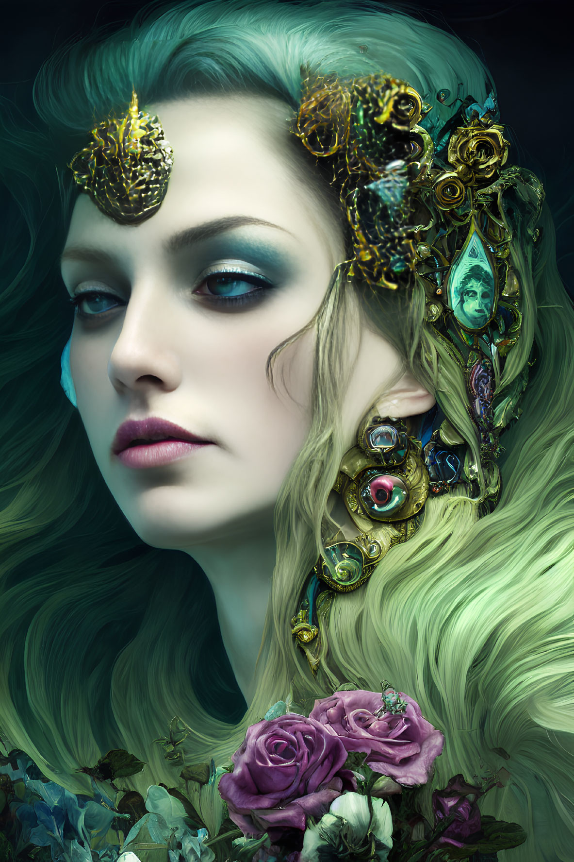 Intricate golden headpiece with jewels and gears on woman next to purple roses on dark teal backdrop