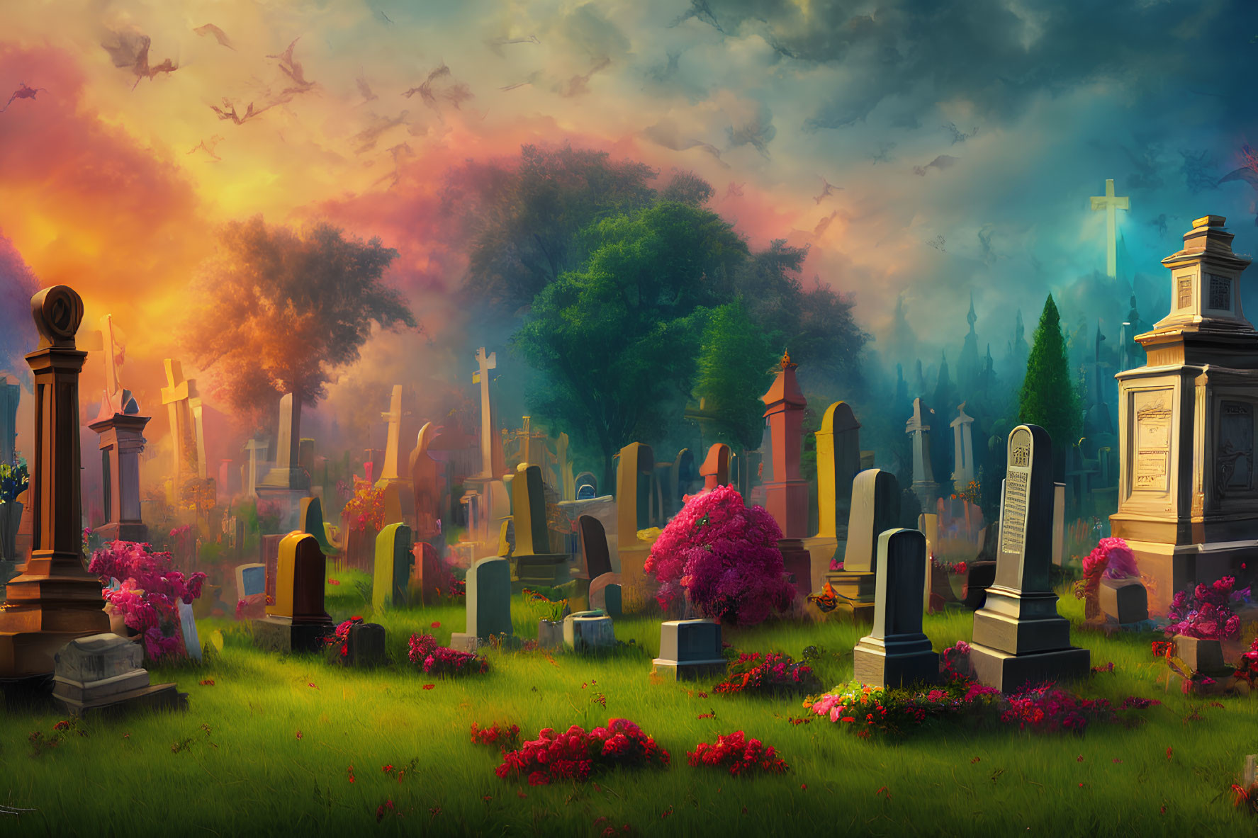 Serene cemetery at dusk with vibrant flowers and gravestones