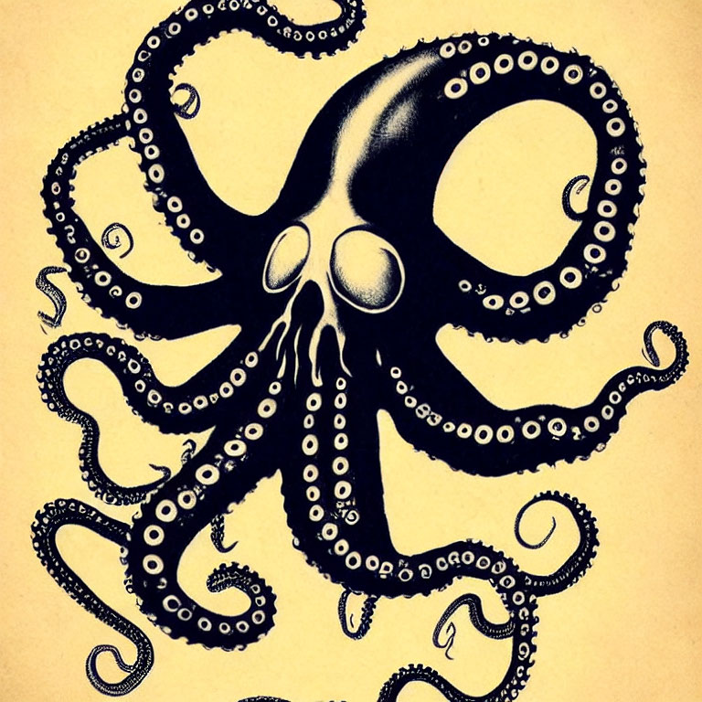 Detailed Octopus Illustration with Extended Tentacles on Sepia Background