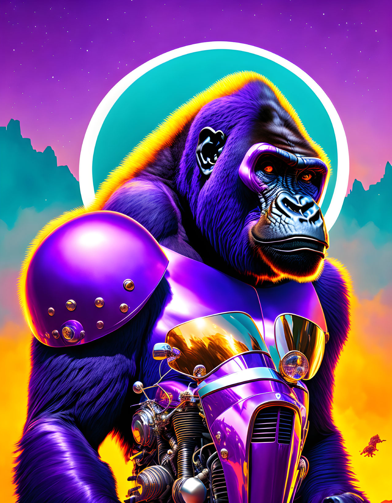 Colorful cybernetic gorilla in purple suit under neon sky