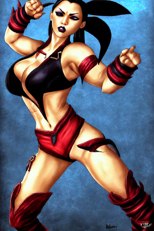 Digital Artwork: Fierce Female Character in Red and Black Costume