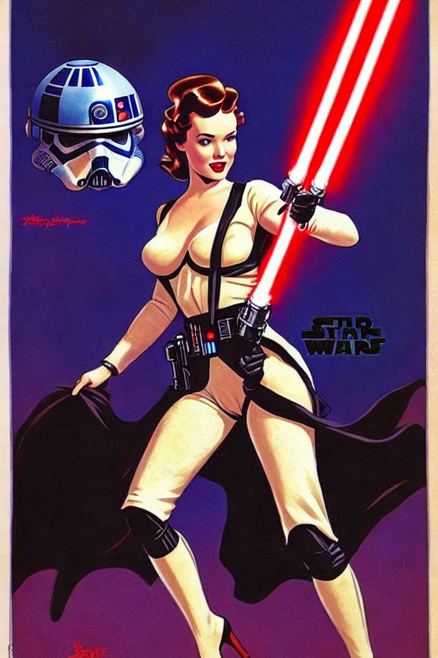 Stylized retro-futuristic poster with woman, lightsaber, and Stormtrooper helmet