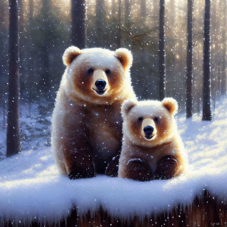 Bears with human-like expressions in snowy forest scene