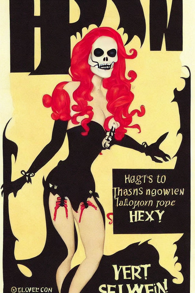 Stylized character with skull head and red hair holding glass, Halloween-themed background