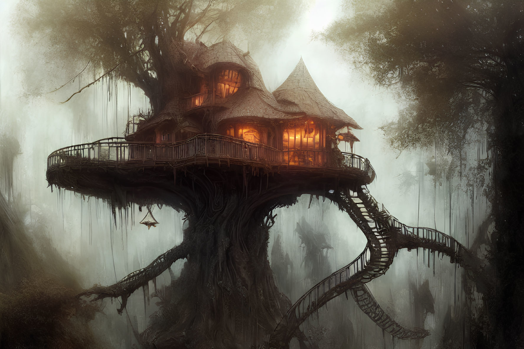 Enchanting treehouse with glowing windows in mystical forest