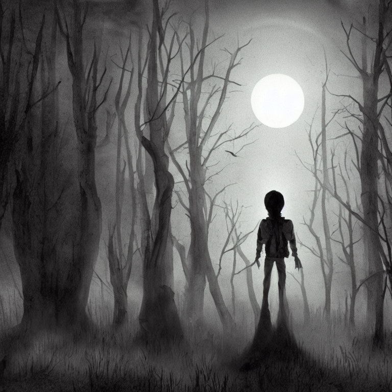 Monochrome illustration of silhouetted figure in creepy forest at night