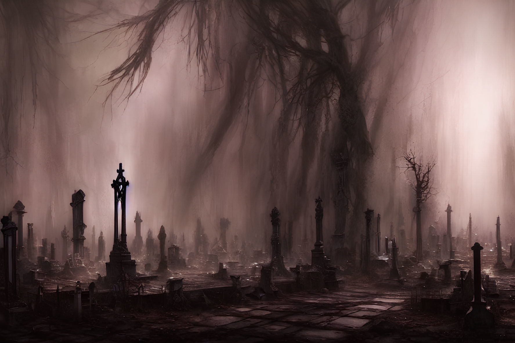 Ethereal fog-shrouded cemetery with silhouetted gravestones and bare trees.