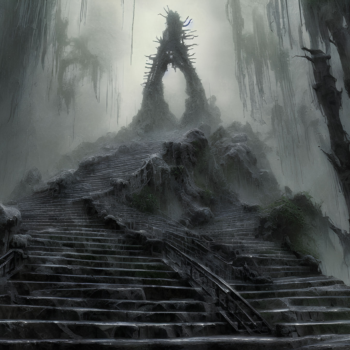 Mystical stone staircase in foggy forest landscape leads to towering structure