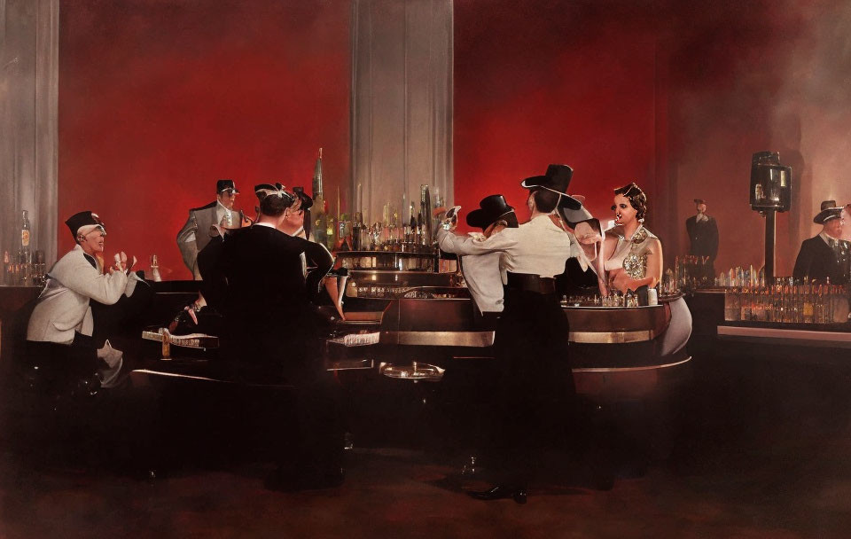 Classic Bar Scene with Formal Attire, Bartenders, Red Lighting & Art Deco Design