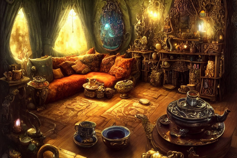 Mystical room with candles, plush sofa, magical artifacts, and ornate tea set