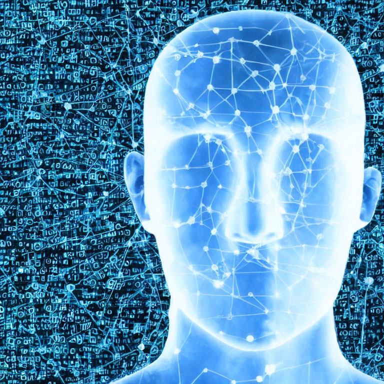 Digital human head with network pattern on binary code background in shades of blue