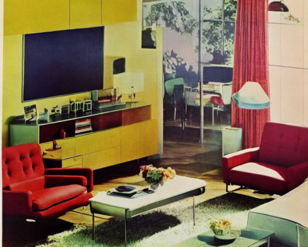 Colorful Retro Living Room with Yellow Cabinets and Red Armchair