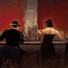 Classic Bar Scene with Formal Attire, Bartenders, Red Lighting & Art Deco Design