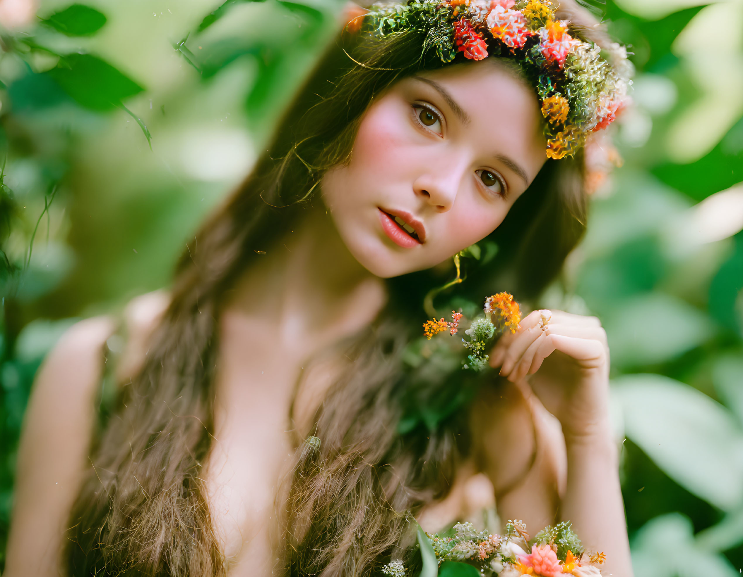 Woman with floral wreath in nature holding flower