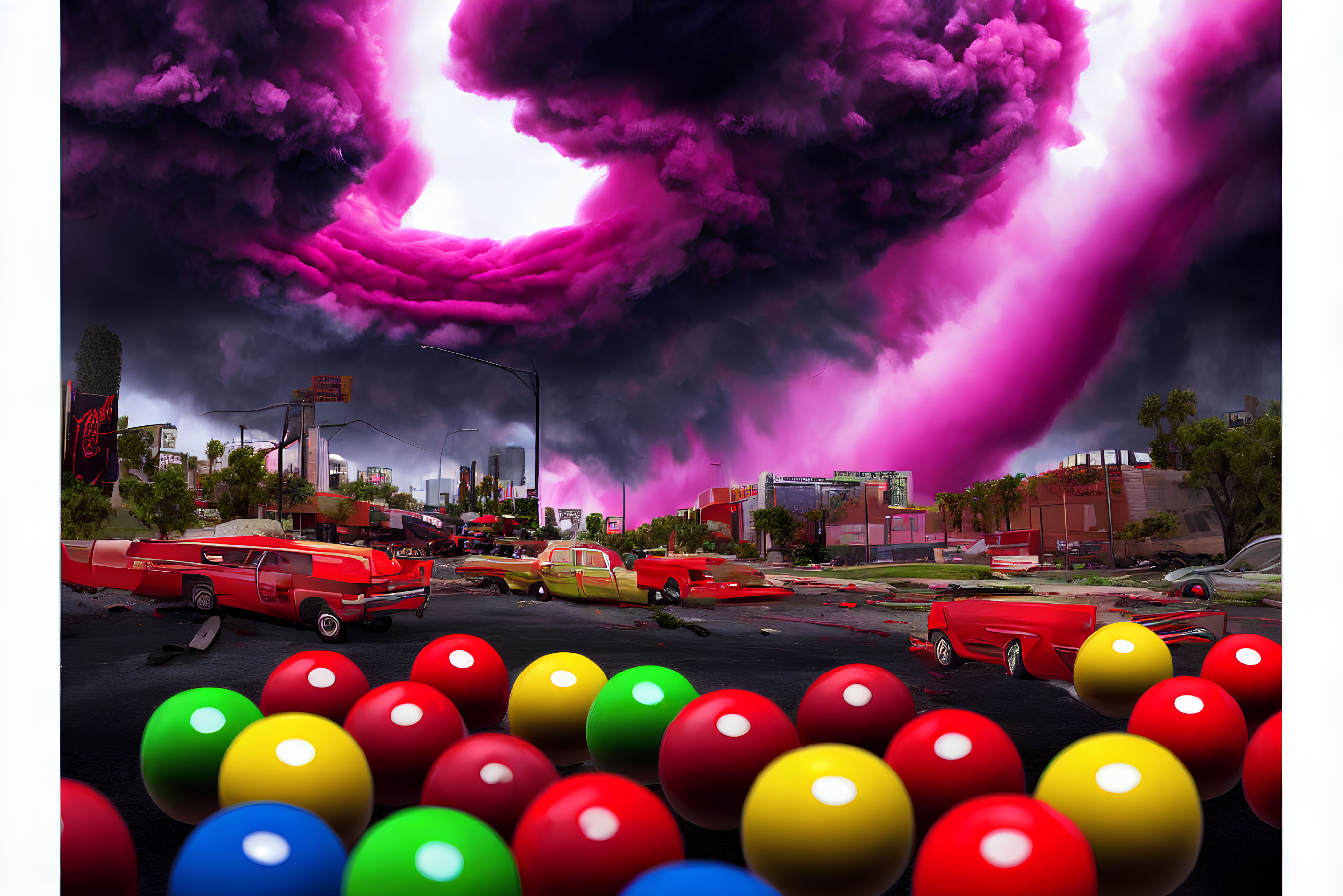 Apocalyptic urban landscape with swirling purple clouds and vintage cars