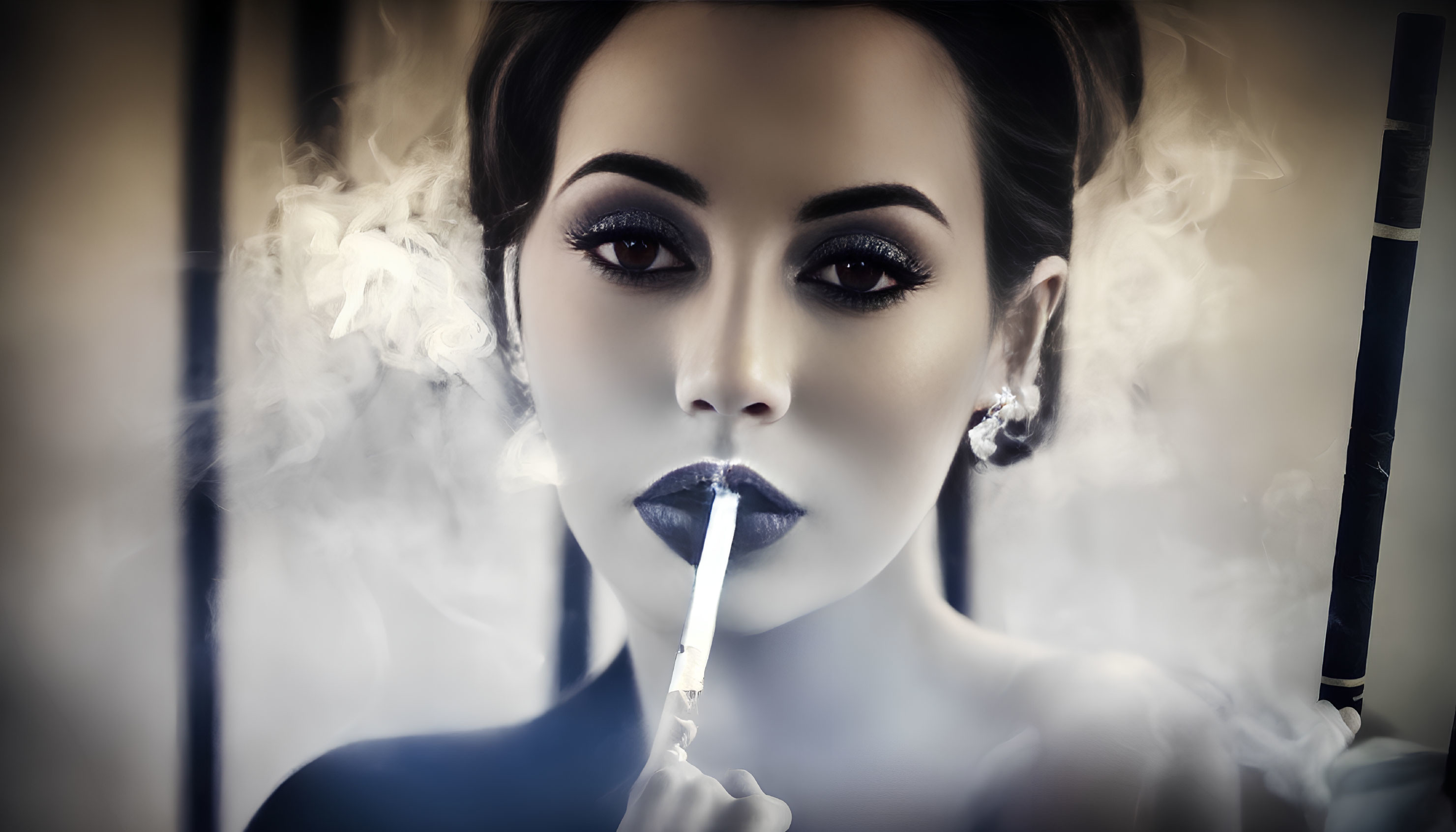 Woman with dramatic makeup exhales smoke holding cigarette, enigmatic expression, vintage-style earrings