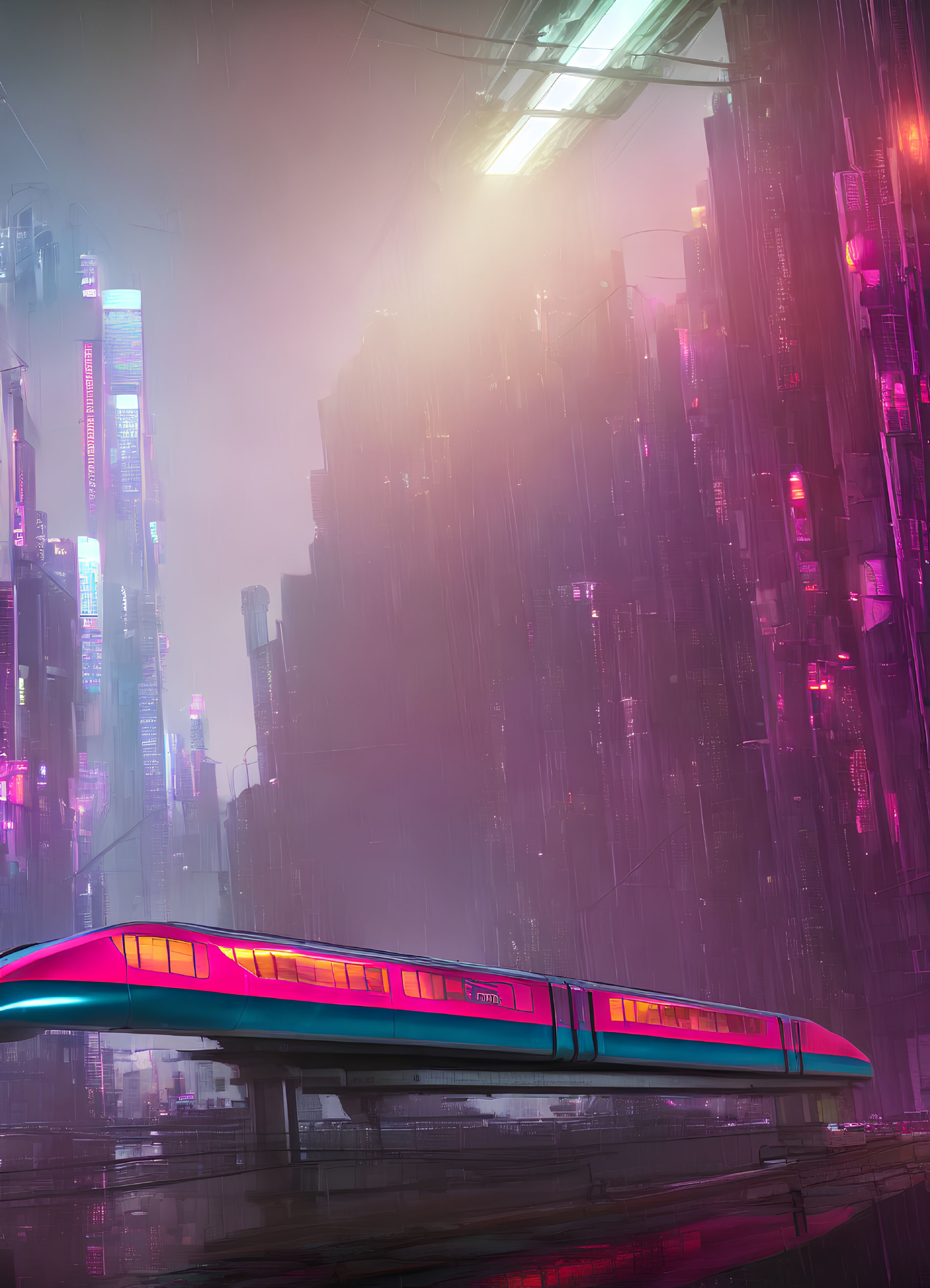 Futuristic maglev train in neon-lit cityscape during heavy rainfall