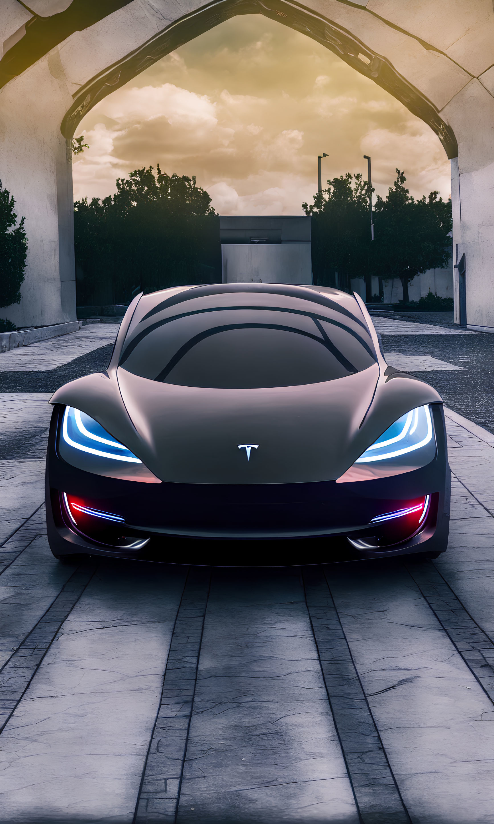 Sleek Tesla Car with LED Headlights Parked Under Archway