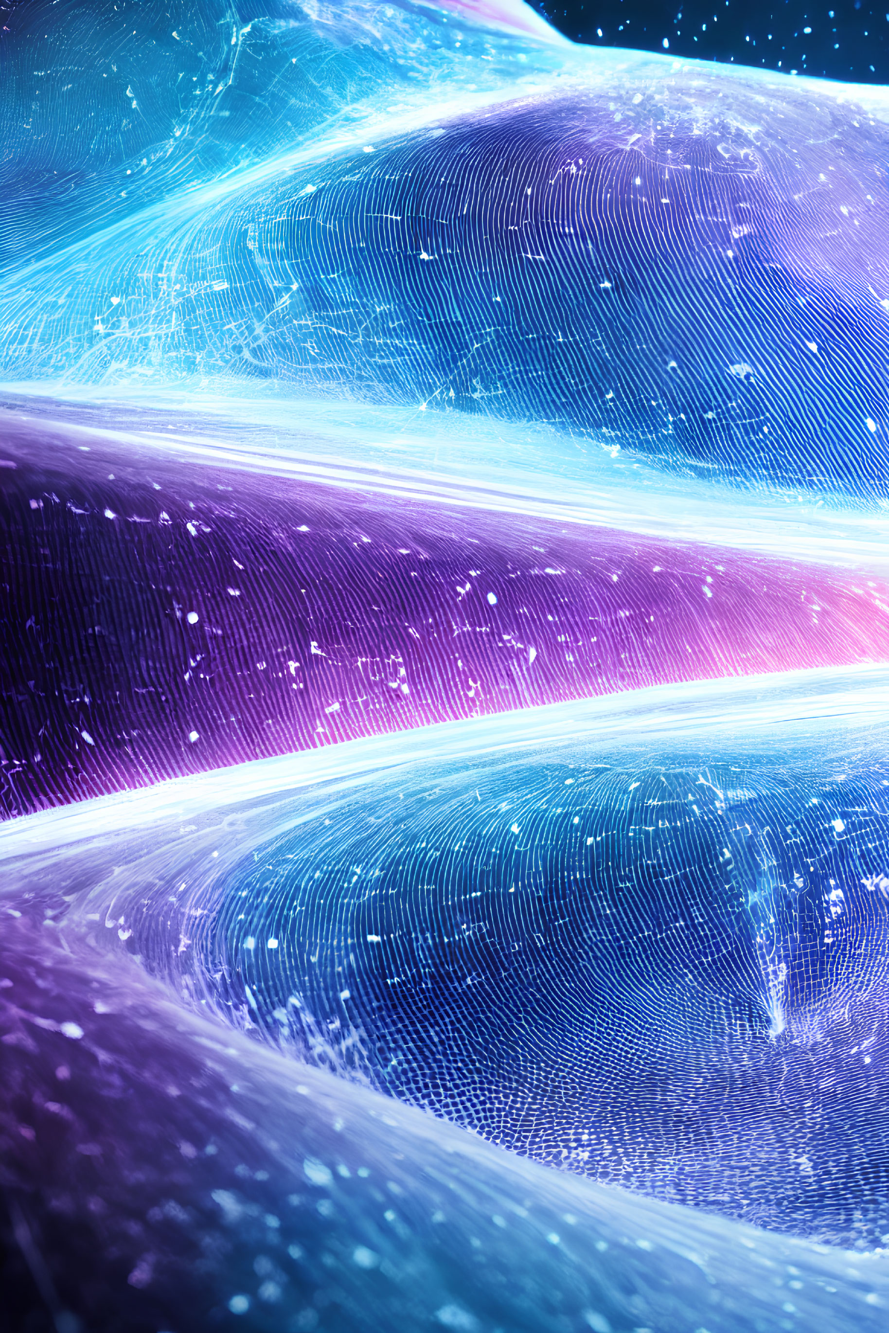 Colorful digital artwork: Swirling neon lines in blue and purple, evoking cosmic energy.