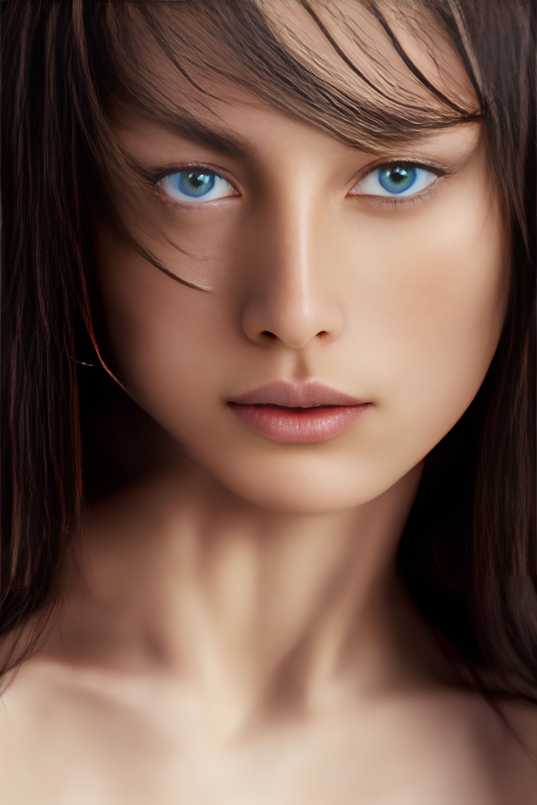 Striking blue eyes and long brown hair portrait.