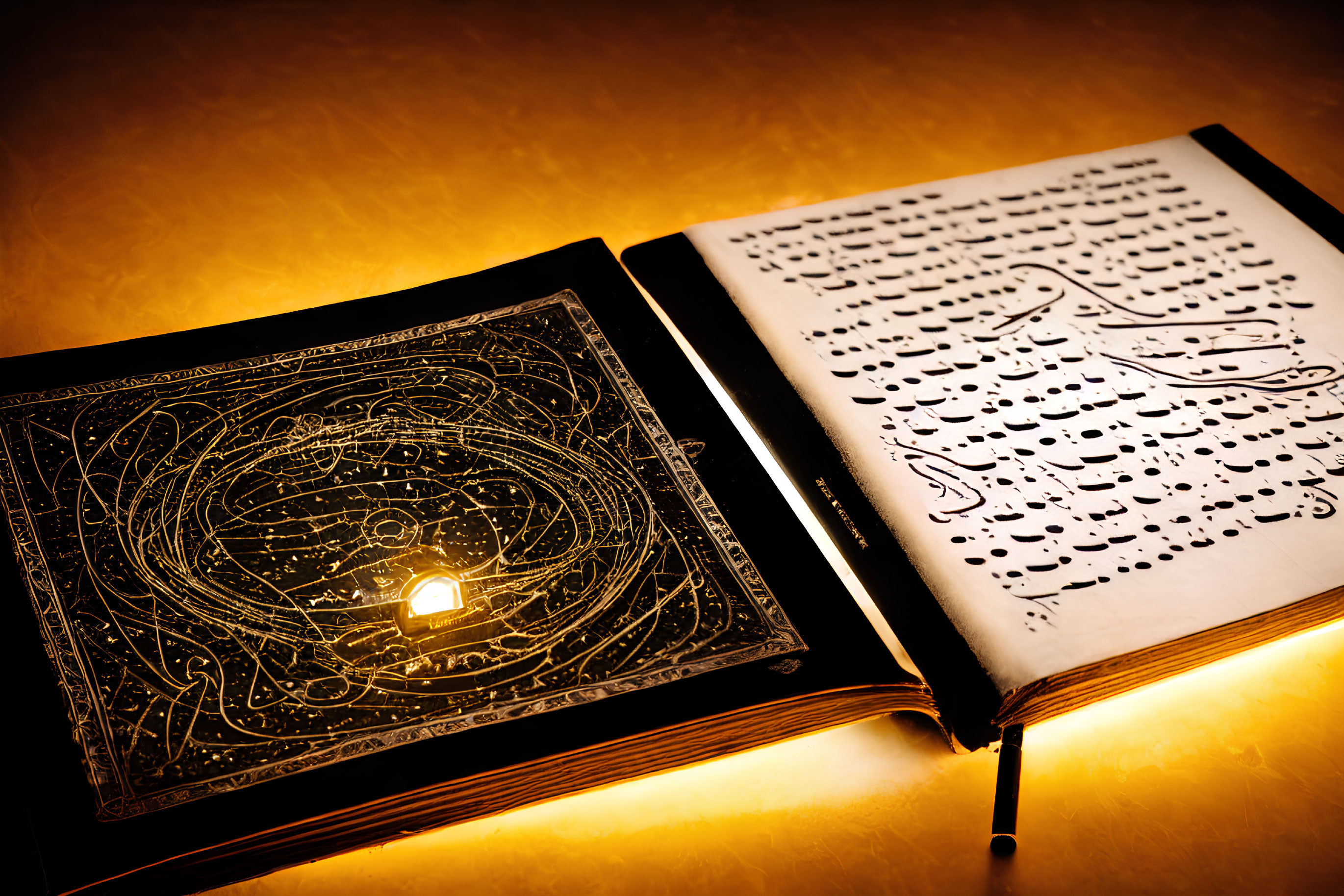 Astronomical illustrations and Arabic script on open book in warm golden light