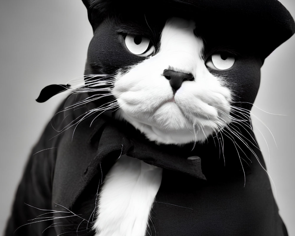 Serious black and white cat in French artist attire