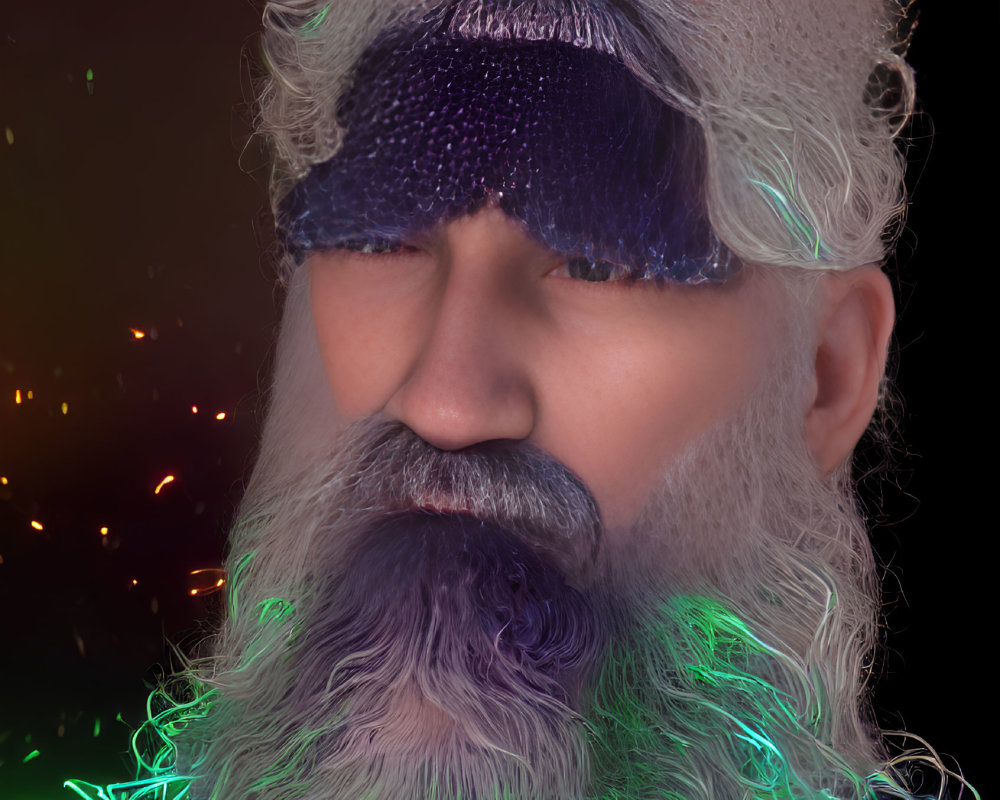 Elderly man with long white beard and colorful lights in deep-set eyes on dark background