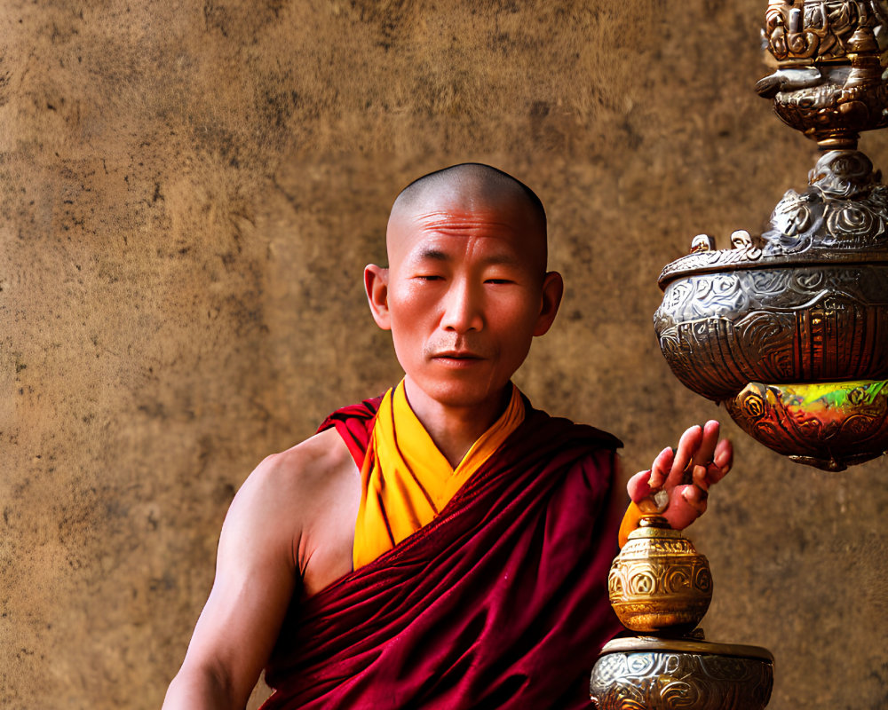 Buddhist monk meditating next to metal incense burner