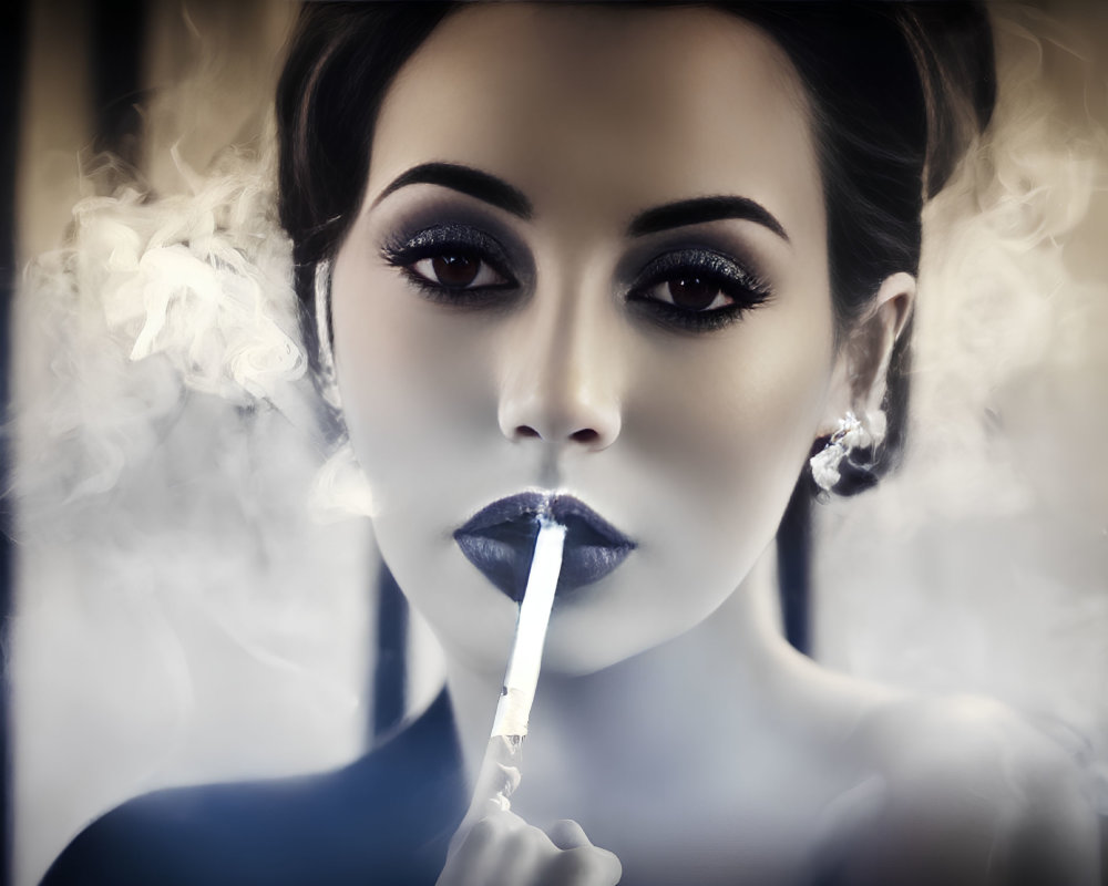 Woman with dramatic makeup exhales smoke holding cigarette, enigmatic expression, vintage-style earrings