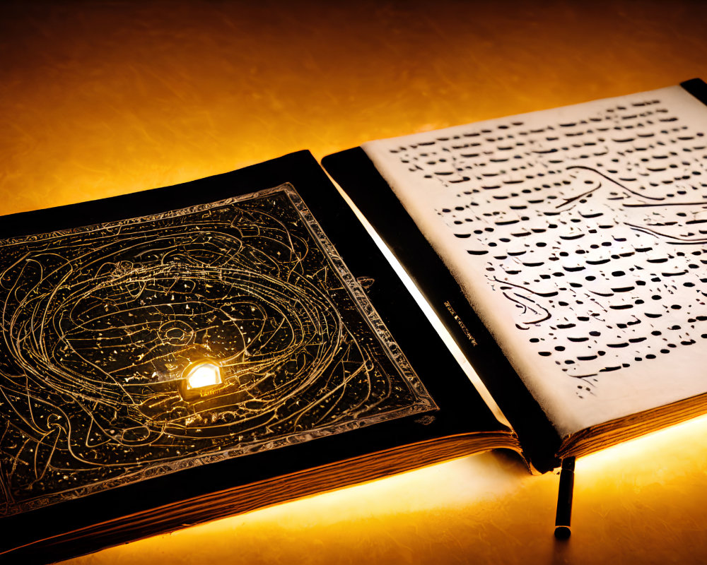 Astronomical illustrations and Arabic script on open book in warm golden light