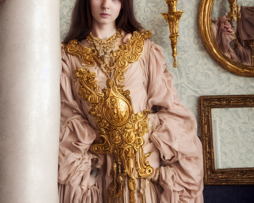 Elaborate historical dress with golden trim beside antique frames and pillar