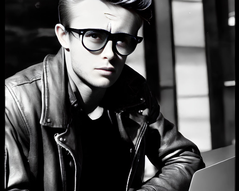 Young man with pompadour hairstyle and glasses works on laptop outdoors