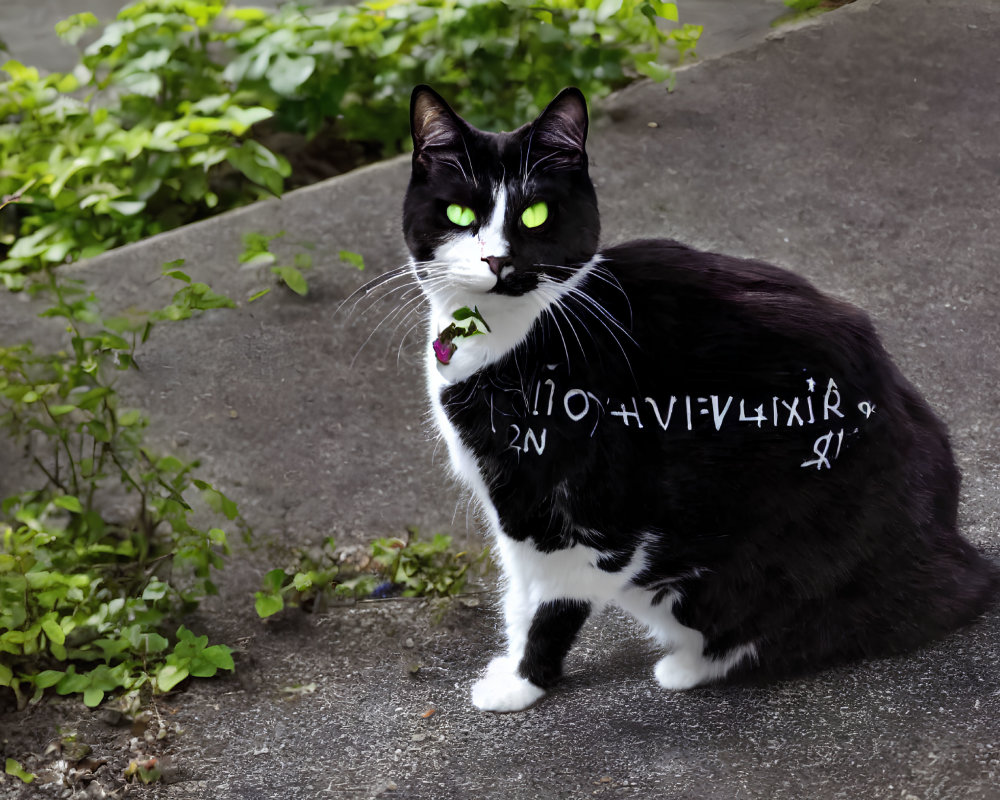 Black and white cat with green eyes on gray pavement surrounded by foliage