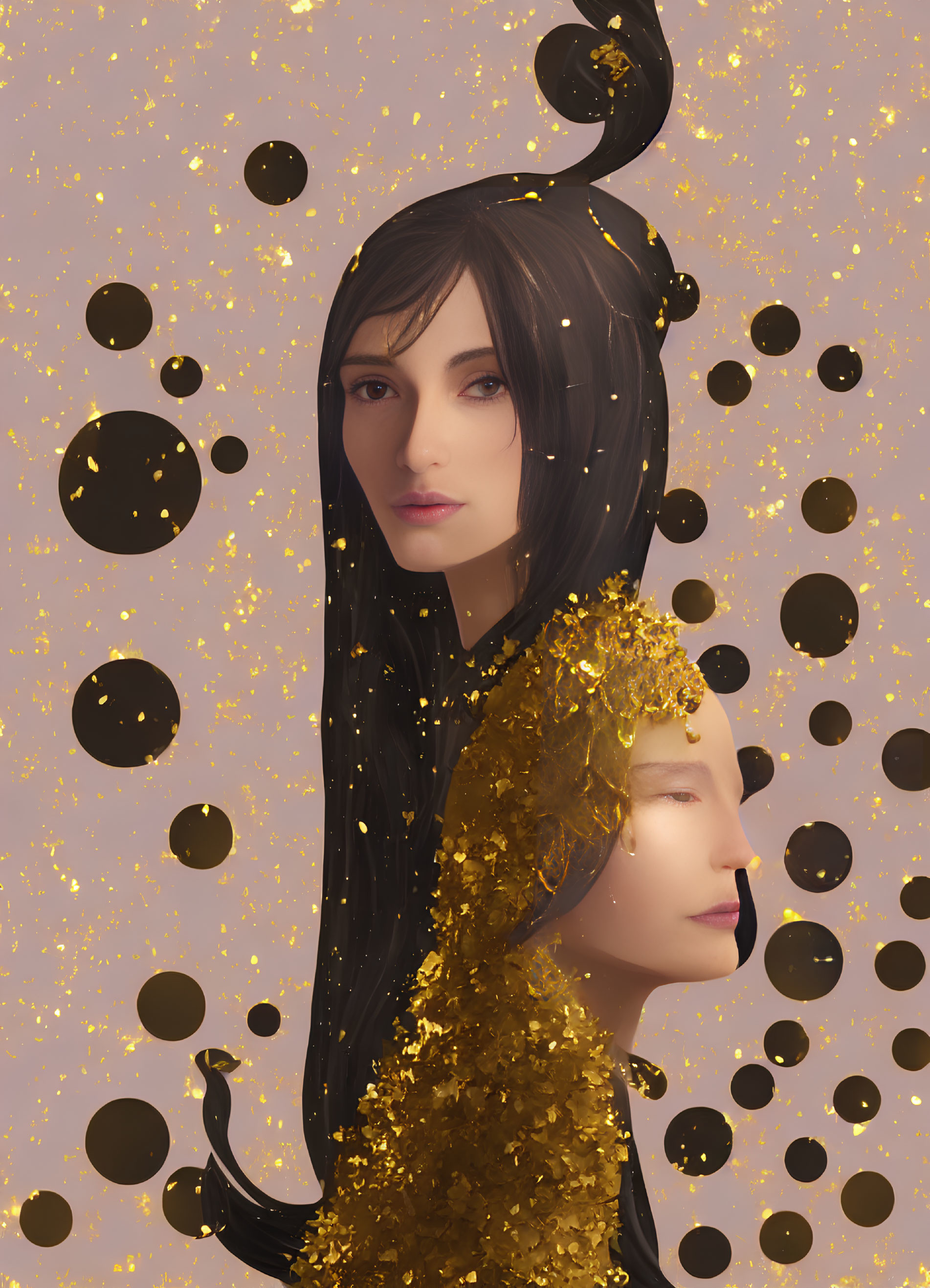 Stylized digital artwork featuring two female figures with intricate hair and golden accents on a dotted background