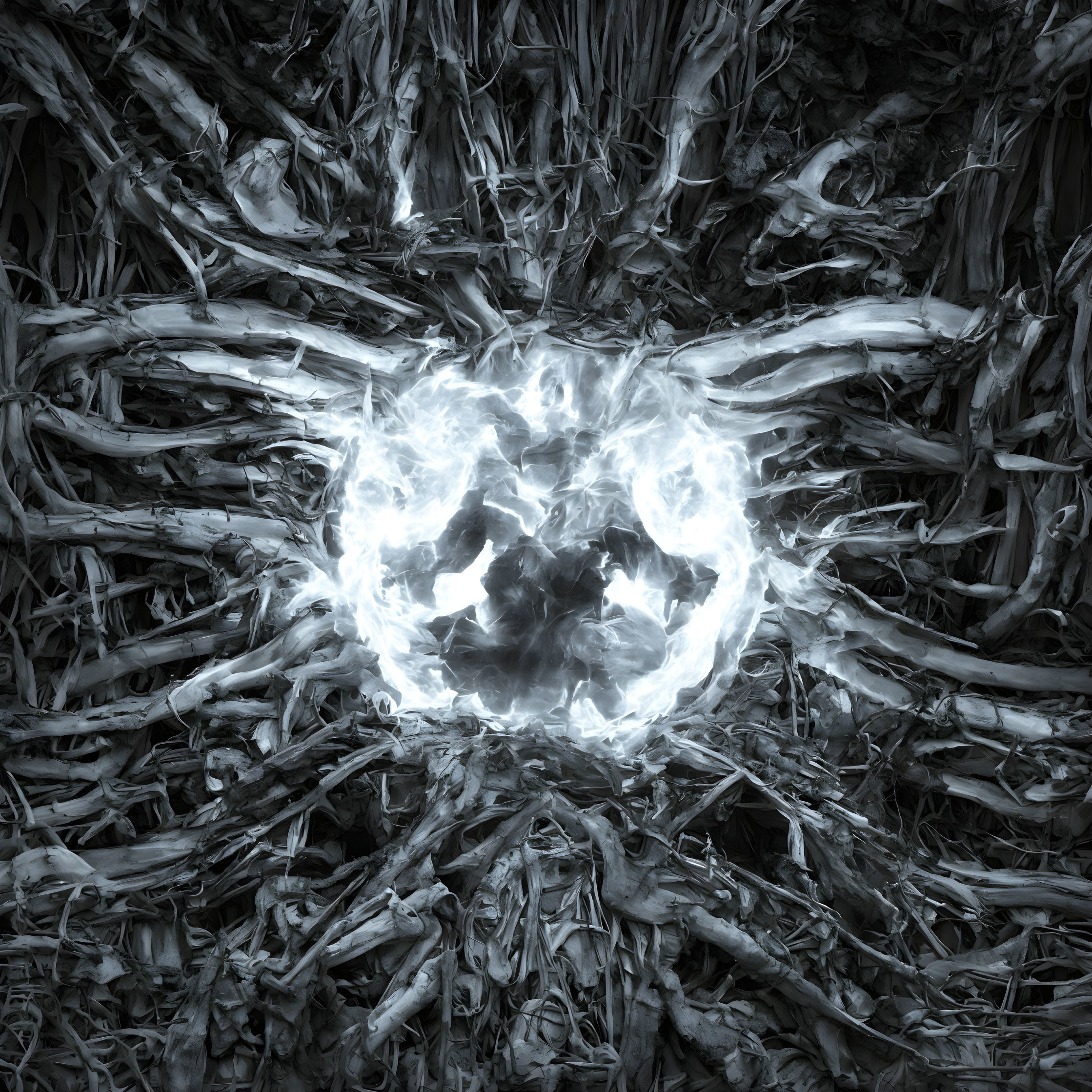 Bright glowing center with skull-like figure surrounded by dark textured foliage.