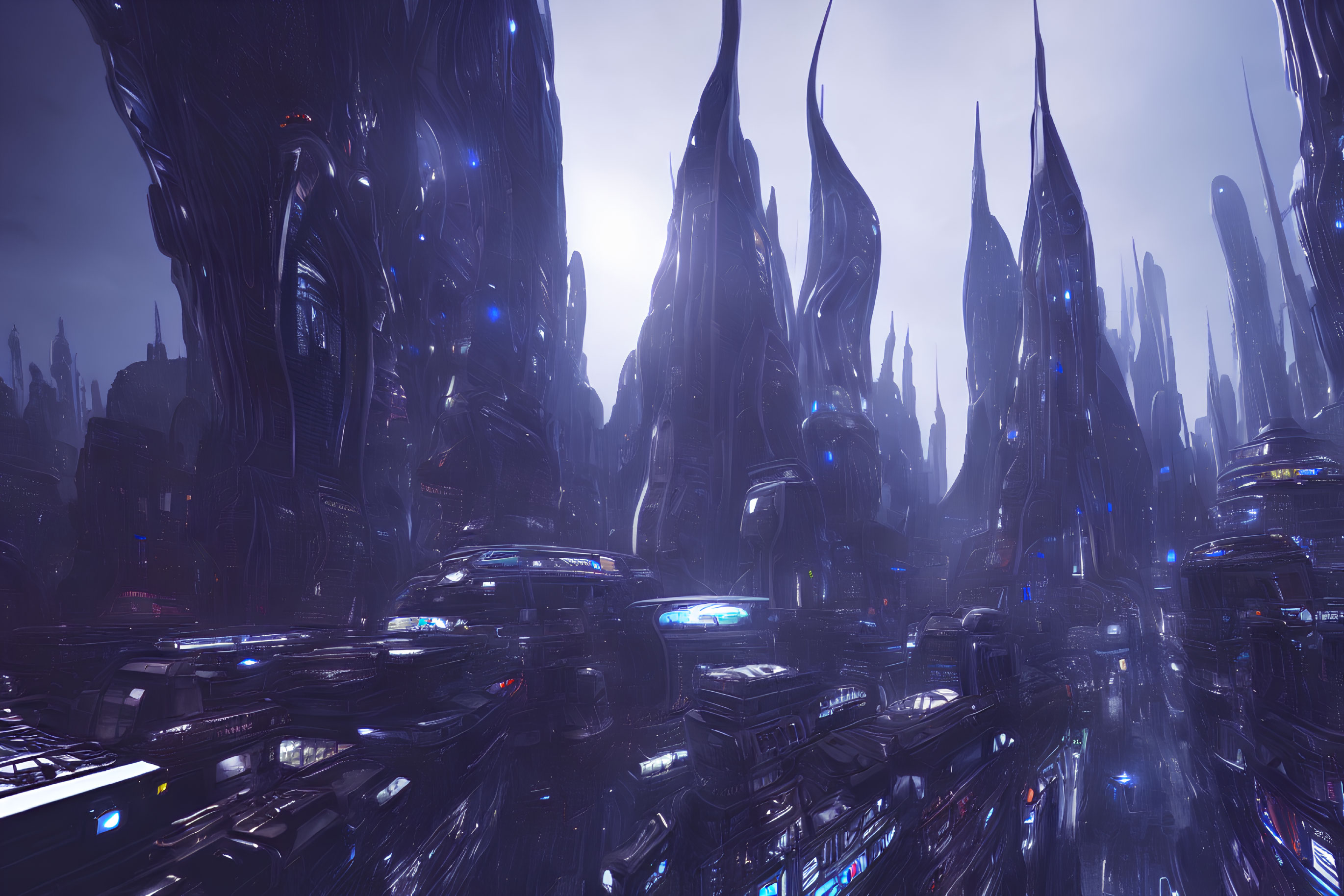 Futuristic cityscape with towering dark structures, blue lights, and flying vehicles