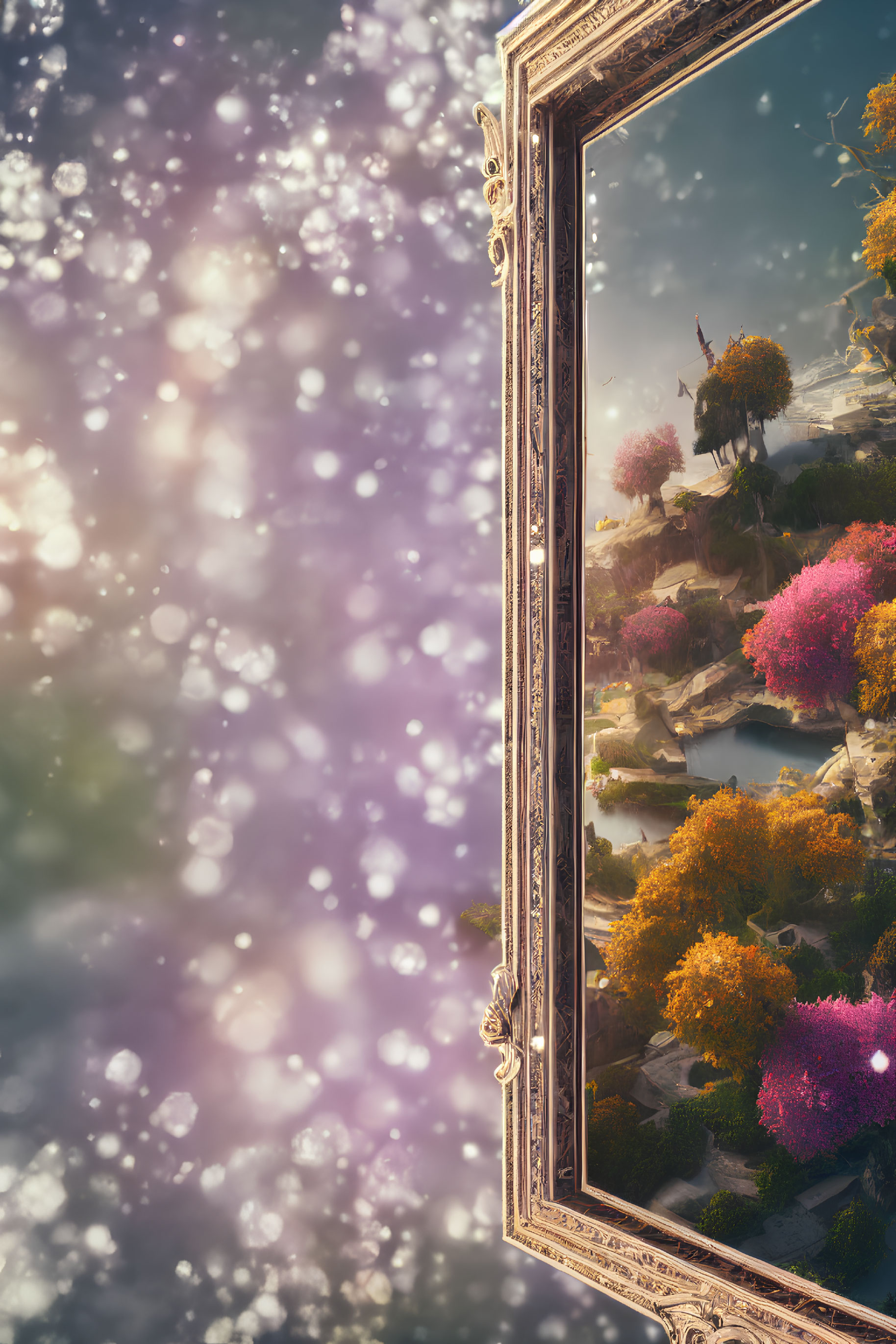 Vibrant trees and windmill reflected in ornate mirror on bokeh background