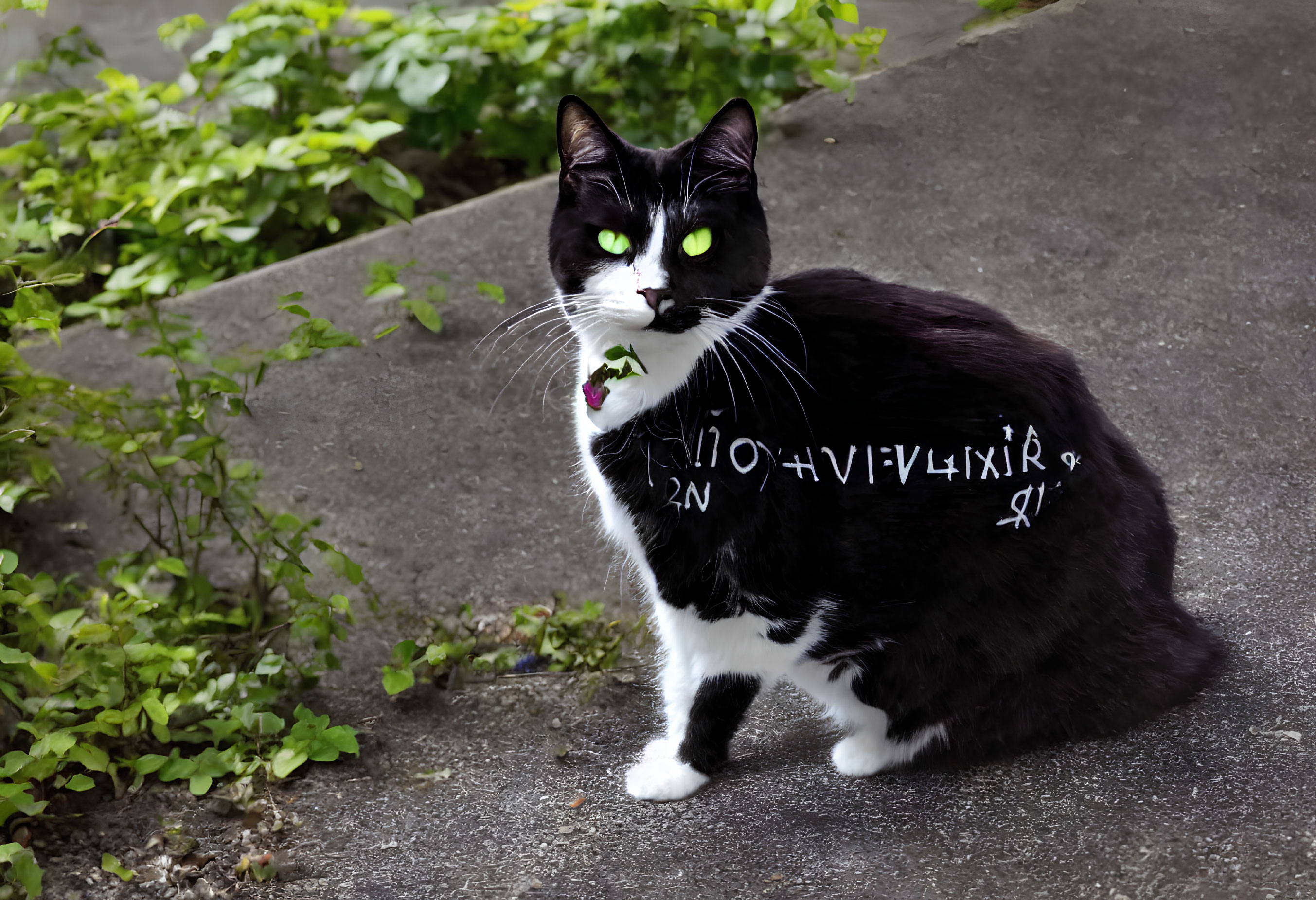 Black and white cat with green eyes on gray pavement surrounded by foliage