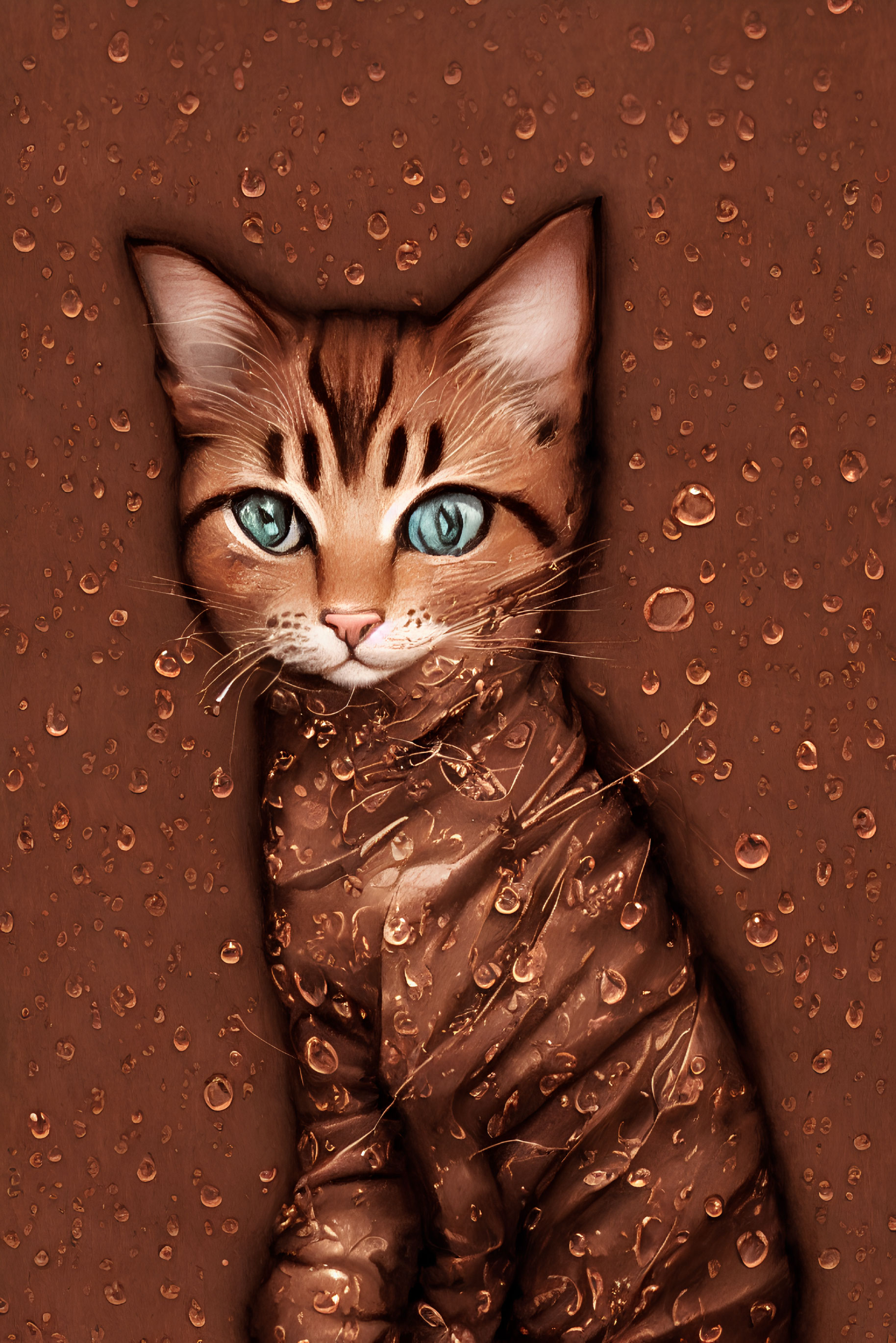 Brown Tabby Cat with Striking Blue Eyes Peeking Out from Wet Surface