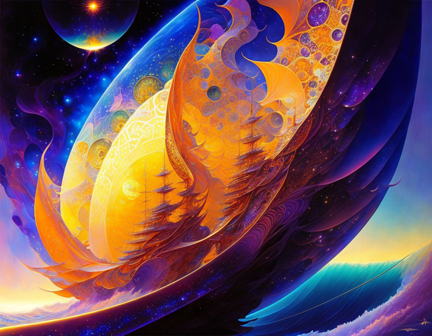 Surreal cosmic wave art with ornate patterns over ocean sunset.