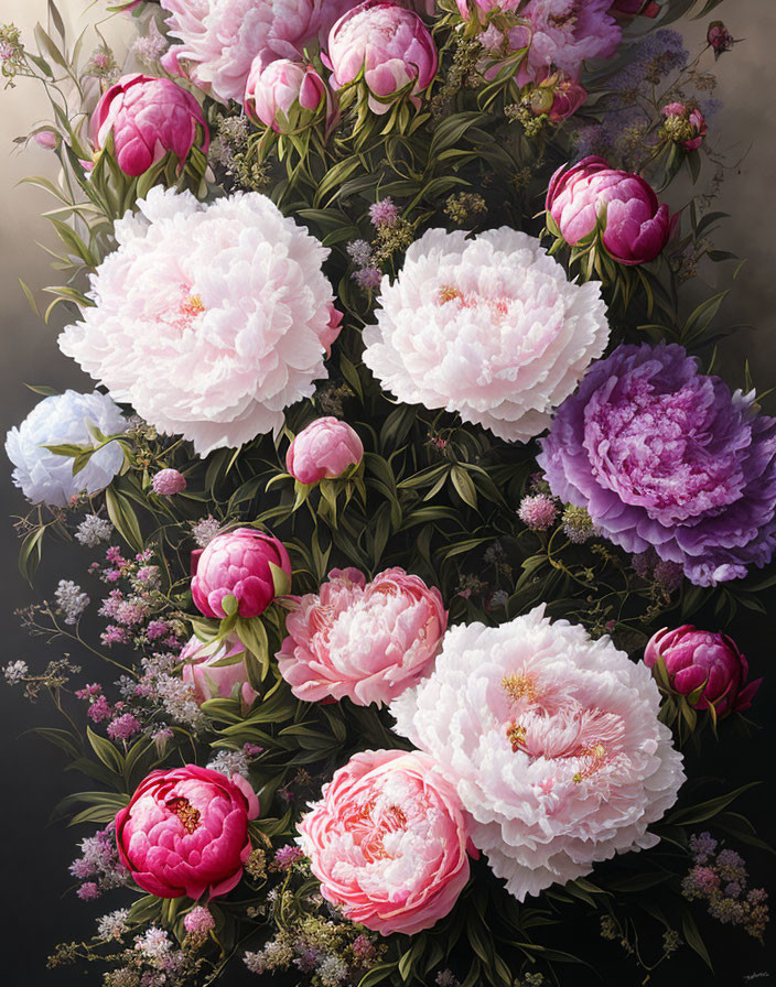 Vibrant pink, white, and purple peonies with green foliage on soft background