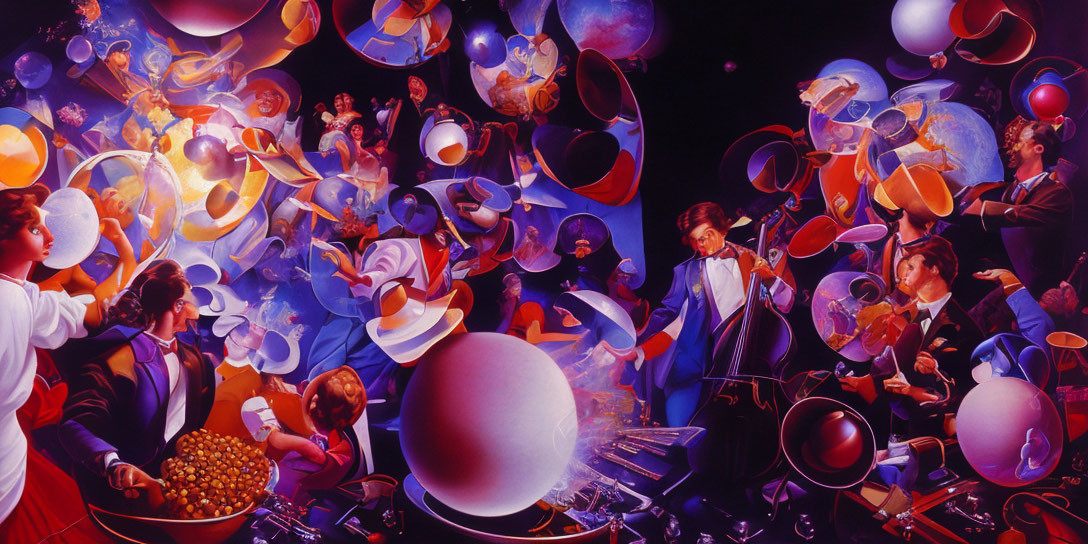 Colorful surreal painting: People in formal attire, bubbles, hats, bursts of color on dark background