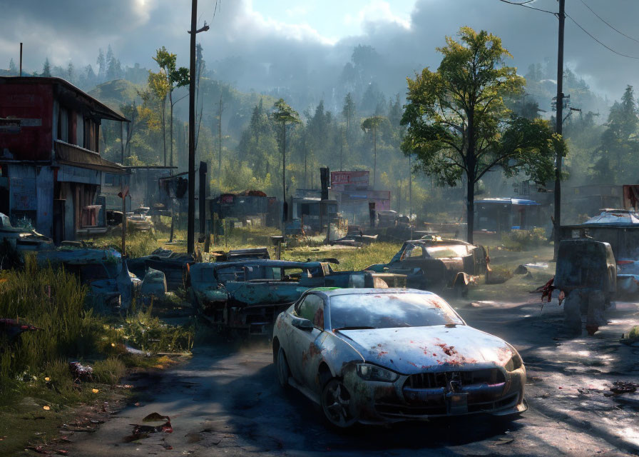 Desolate Street with Abandoned Cars and Derelict Buildings in Morning Light