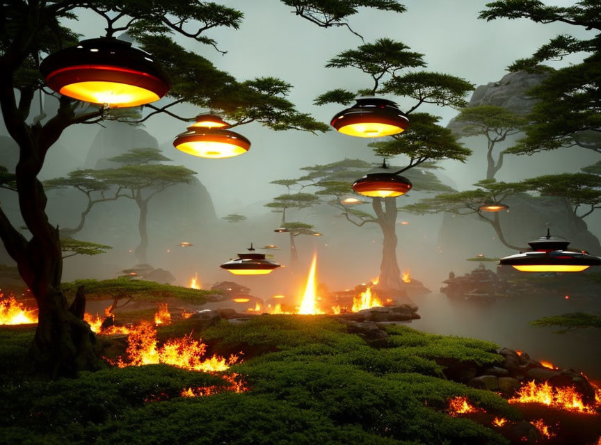 Ethereal forest scene with UFO-like lights, orange glow, mist, and subtle fires