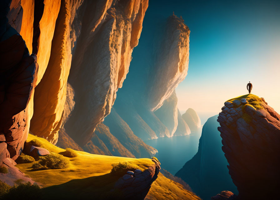 Dramatic canyon overlook at sunrise with person on grassy outcrop